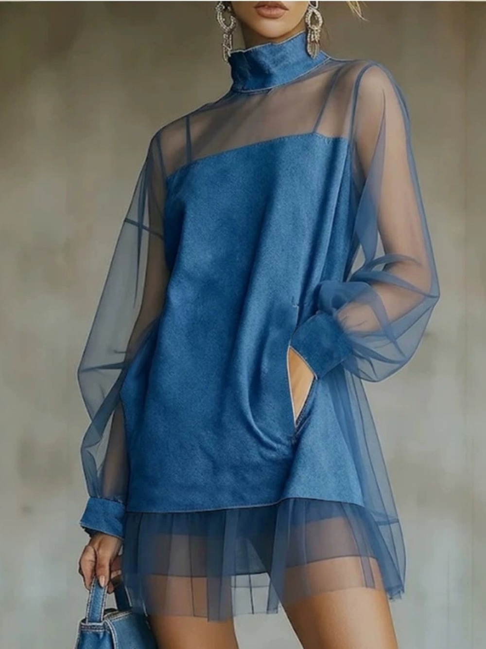 Sheer Mesh Turtleneck Mini Dress